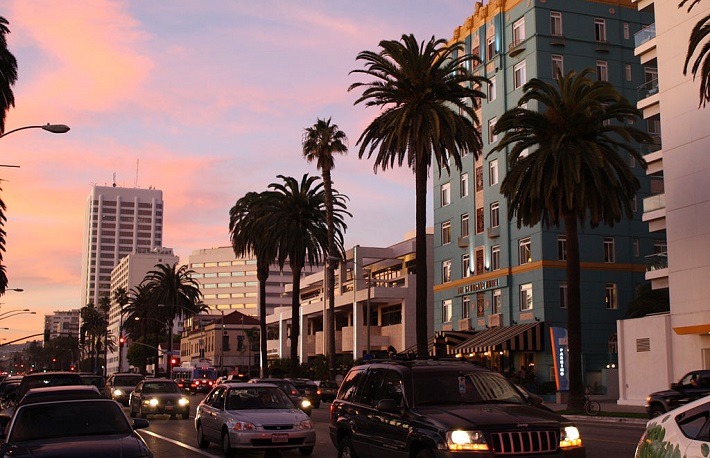 Ocean Avenue at sunset in Santa Monica, California