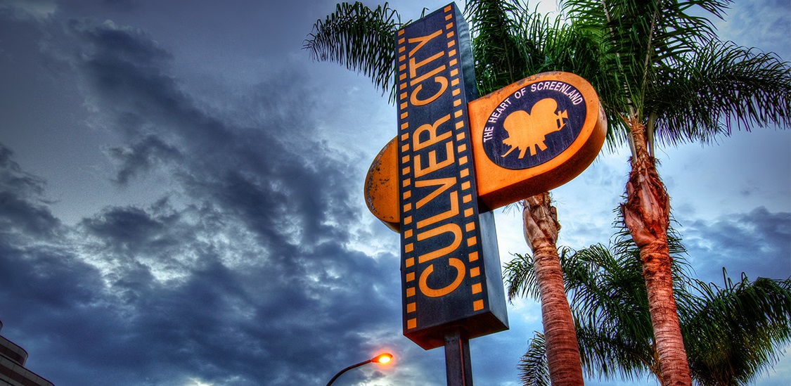Culver City, California municipality sign, at dusk